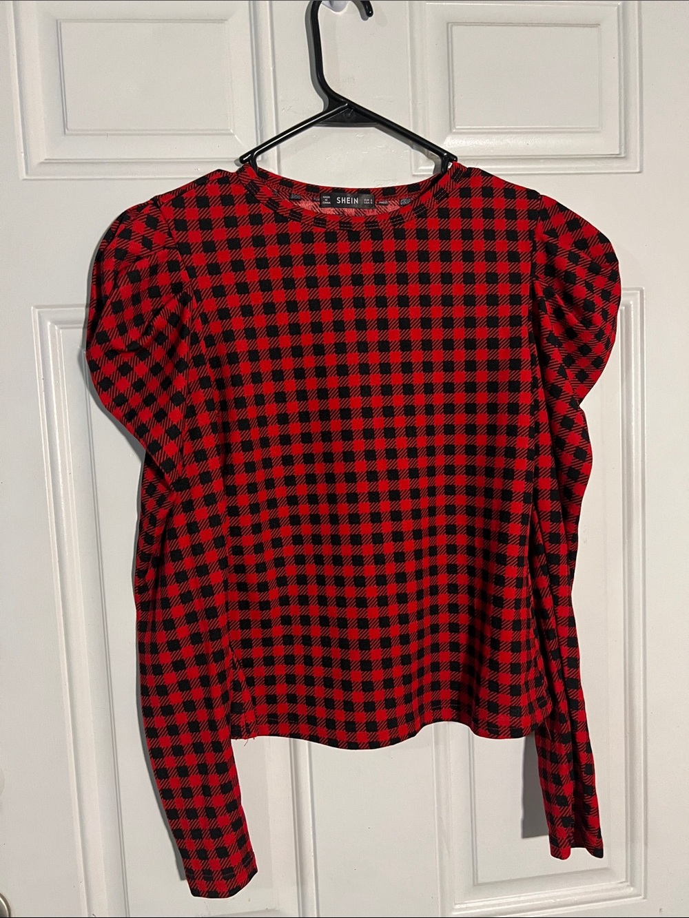 SHEIN Red and Black Buffalo Check Puff Sleeve Long Sleeve Top